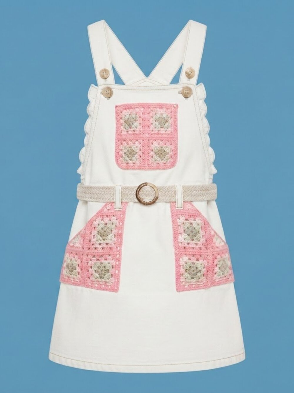 Little Lass Girls Denim Overall Dress Pink Granny Square Accents Belted Size 6